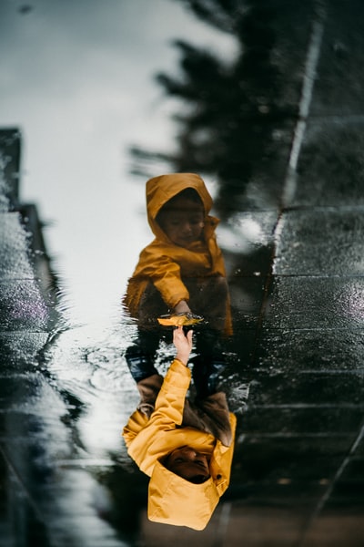 蹒跚学步的黄色雨衣
